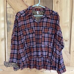 Pilcro Anthropologie Plaid Button Up Shirt Sz M High Low Frayed Hem Cropped Boxy